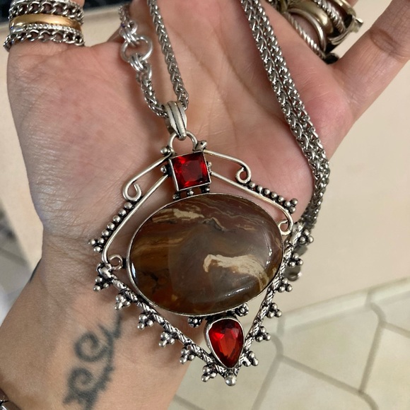 925 sterling silver overlay genuine red jasper stone boho steel chain necklace - Picture 9 of 13